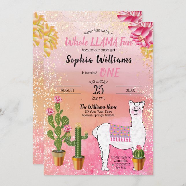 Convite Cacto | Festa Inteira De primeiro aniversario Llam (Frente/Verso)
