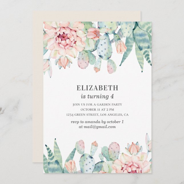 Convite Cacto floral de aquarelas. Menina. Aniversário de  (Frente/Verso)