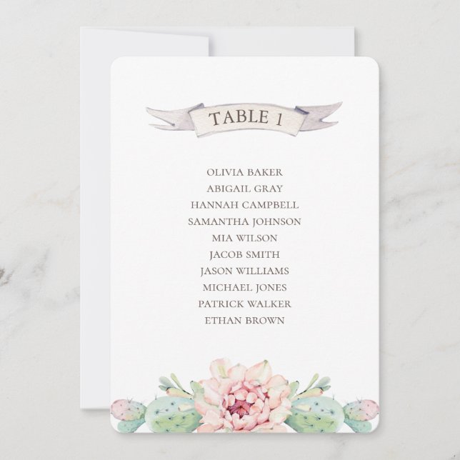 Convite Cacto floral e suculenta. Carta de lugares para o  (Frente)