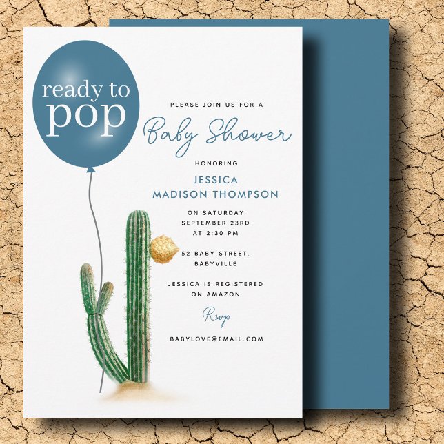 Convite Cacto Menino Pronto para Estourar Bexiga Chá de Be (Ready to Pop Boy Cactus Balloon Baby Shower Invitation)