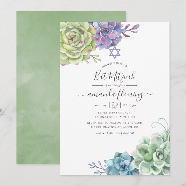 Convite Cacto Suculentas Bat Mitzvah em Aquarela (Frente/Verso)