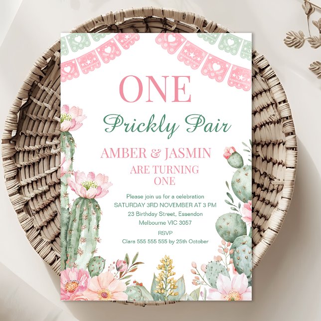 Convite Cacto Verde Rosa, Um primeiro aniversario De Par R (One Prickly Pair Twin Birthday Invitation, Prickly Pair Twins First Birthday Invitation, Girls


)