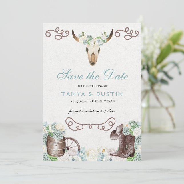 Convite Cactos Floral Crânio Russo Ocidental Salvar A Data (Em pé/Frente)