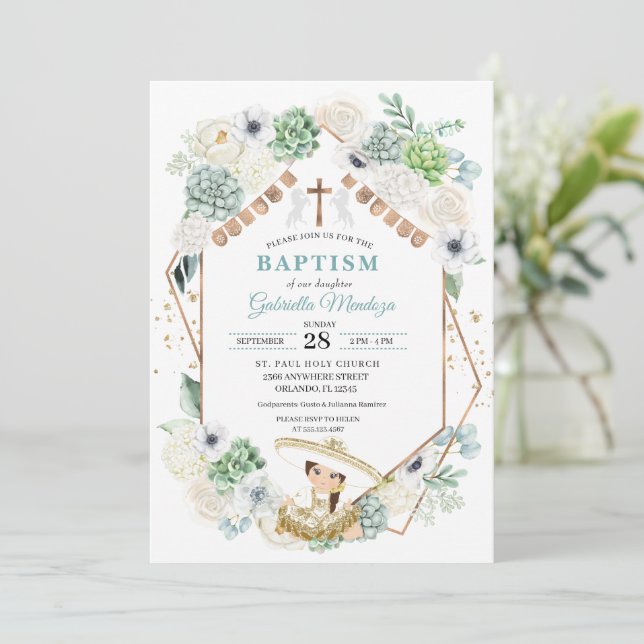 Convite Cactos Floral Mexicana Baby Girl Charra Baptism (Em pé/Frente)