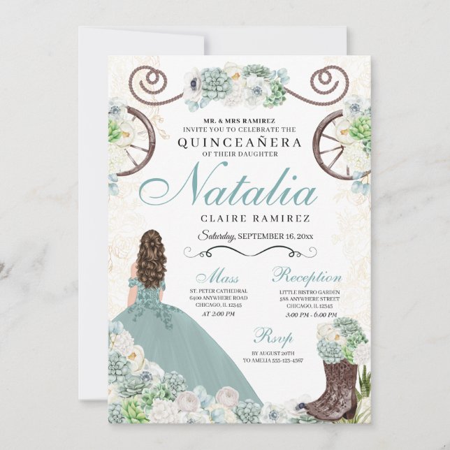 Convite Cactos Floral Mint Verde Oeste Charra Quinceanera (Frente)