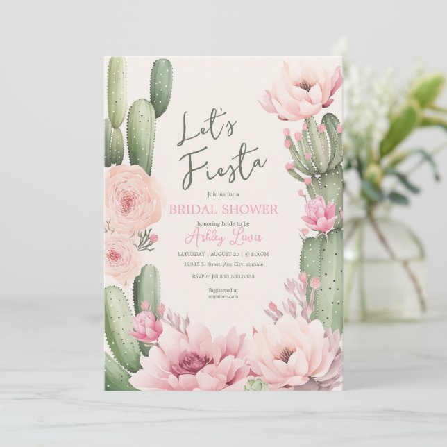 Convite Cactus Blush rosa Fiesta Boho Greenery Bridal (Em pé/Frente)
