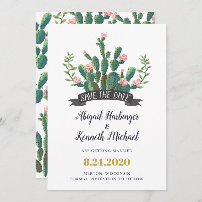 Convite Cactus Desert Love Save the Date Card (Frente/Verso)