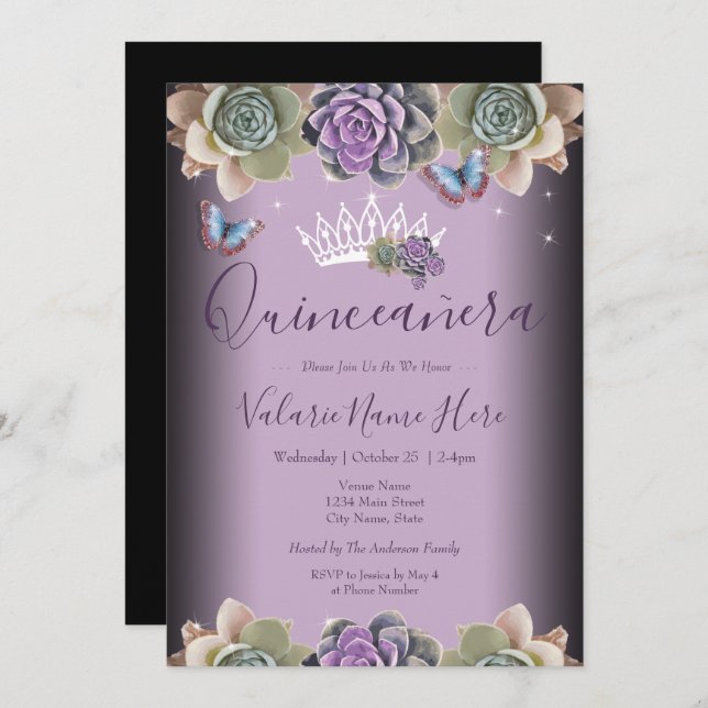 Convite Cactus e Butterfly Elegante Quinceanera Invitation (Frente/Verso)