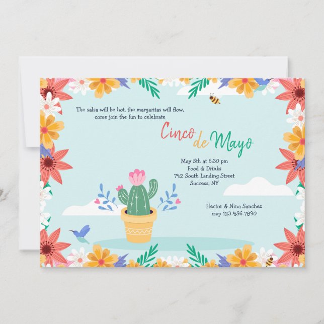 Convite Cactus em Flor Cinco de Mayo  (Frente)