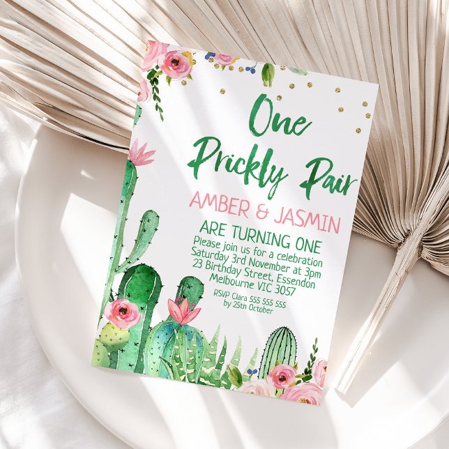 Convite Cactus Floral Rosa Um Par Pêssegado Aniversário (One Prickly Pair Birthday Invitation Template Printable, One Prickly Pair Invitation Twin Girls )