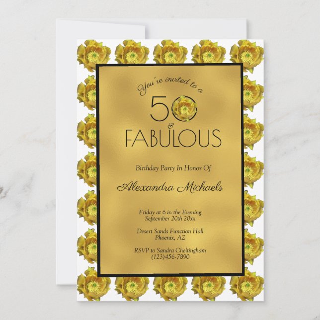 Convite Cactus Flower Black & Metallic Dourado 50 & Fabulo (Frente)