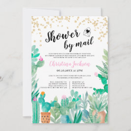 Convite Cactus gold glitter watercolor chá por correio