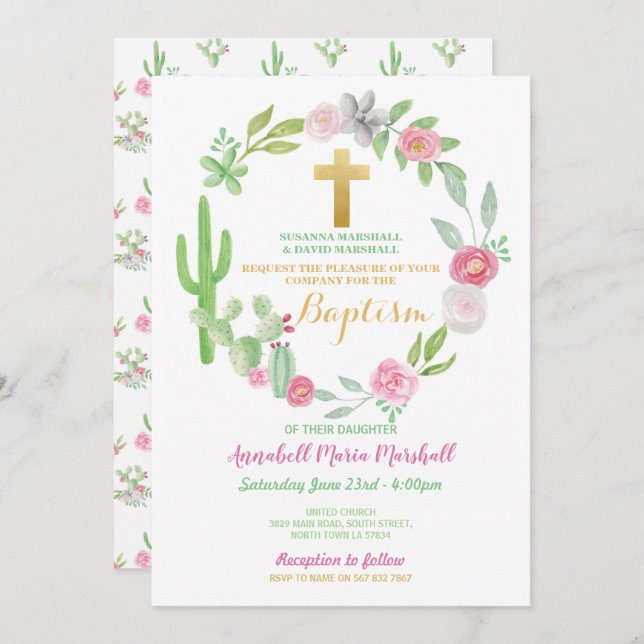 Convite Cactus Green Baptism Christening Cactos Rosa (Frente/Verso)