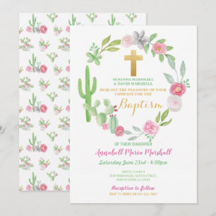 Convite Cactus Green Baptism Christening Cactos Rosa
