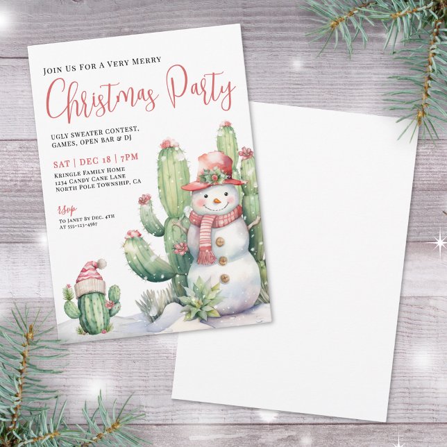 Convite Cactus Snowman Christmas Party (Cactus Snowman Christmas Party Invitation)