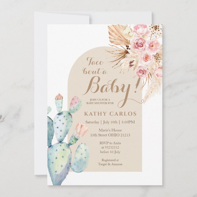 Convite Cactus Taco "Bout A Baby Pampas Grass Invance (Frente)