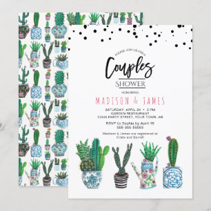 Convite Cactus Verde Moderno & Pontos   Chá de Casal
