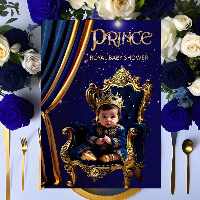 Convite Cadeira Azul Dourada para Chás de Bebê do Príncipe (Criador carregado)