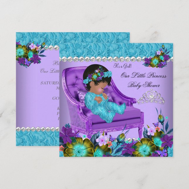 Convite Cadeira Azul Teal Roxo para Chá de Bebê de Princes (Frente/Verso)