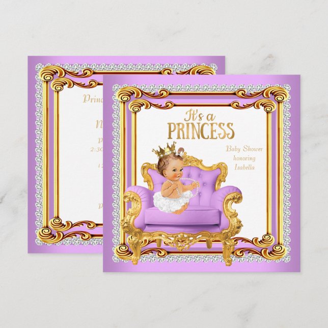 Convite Cadeira de Chá de Bebê Princesa Lilás Rosa Dourado (Frente/Verso)