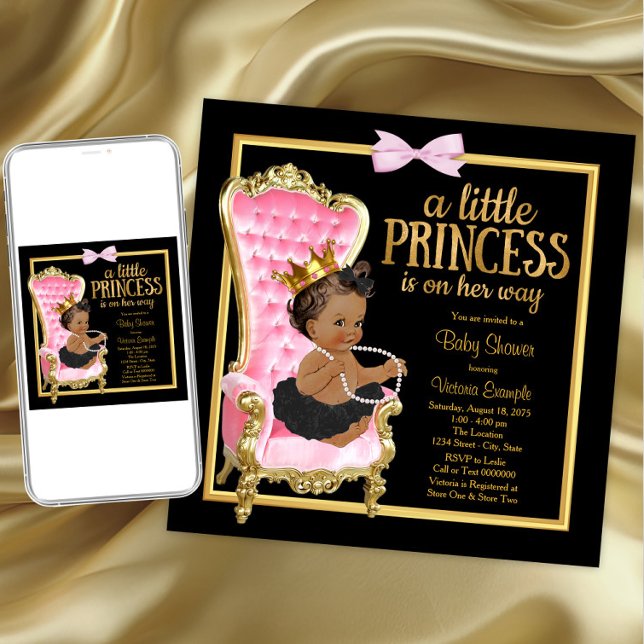 Convite Cadeira de Ouro Preto Rosa Chuveiro de Bebê Prince (Pink princess baby shower invitation. Instant download and printed invitations available.)