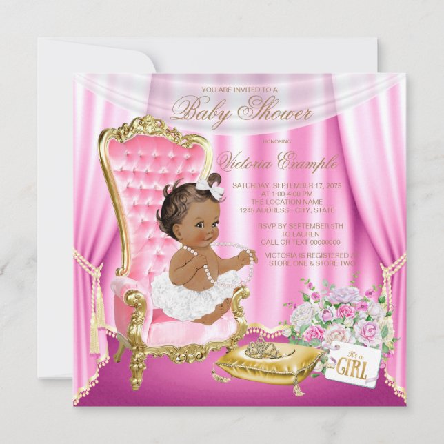 Convite Cadeira de Ouro Rosa Chuveiro de Bebê Princesa Étn (Frente)