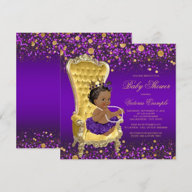 Convite Cadeira de Ouro Roxo Chuvada de Bebê Princesa Étni (Frente/Verso)