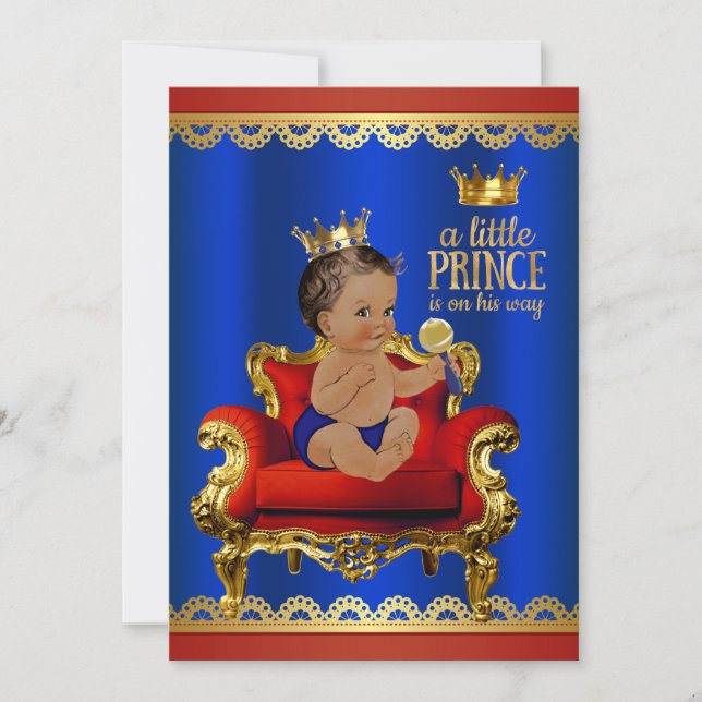 Convite Cadeira Dourada Azul Vermelha Chá de Bebê Príncipe (Frente)