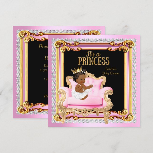 Convite Cadeira Prata Rosa Dourado Chuveiro de Bebê Prince (Frente/Verso)