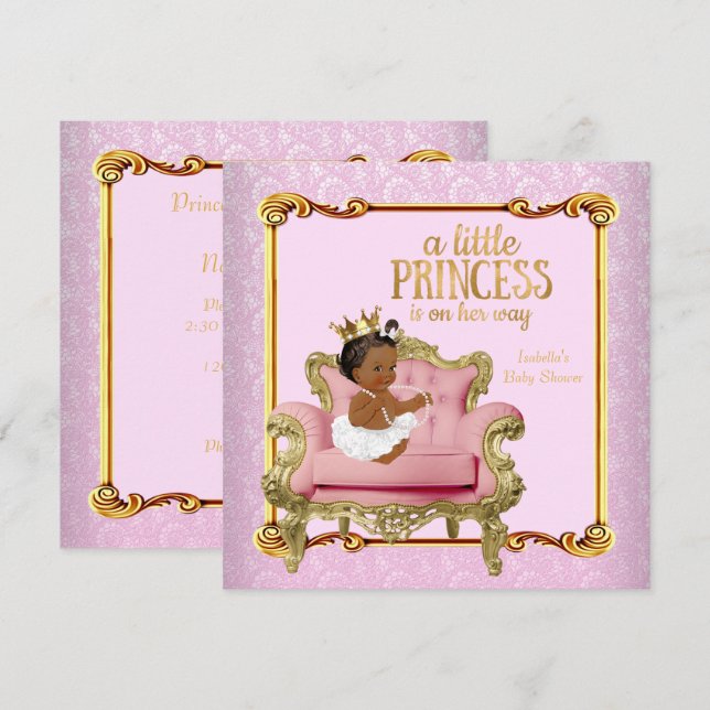 Convite Cadeira Rosa Dourada para Chá de Bebê de Princesa  (Frente/Verso)