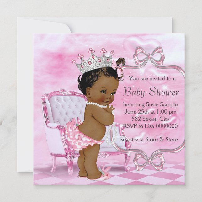 Convite Cadeira Rosa Elegante Chá de Bebê Afro-Americano (Frente)