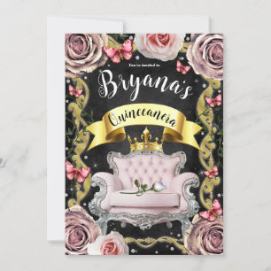 Convite Cadeira Rosa Rosas Borboletas 15 15 Quinceañera