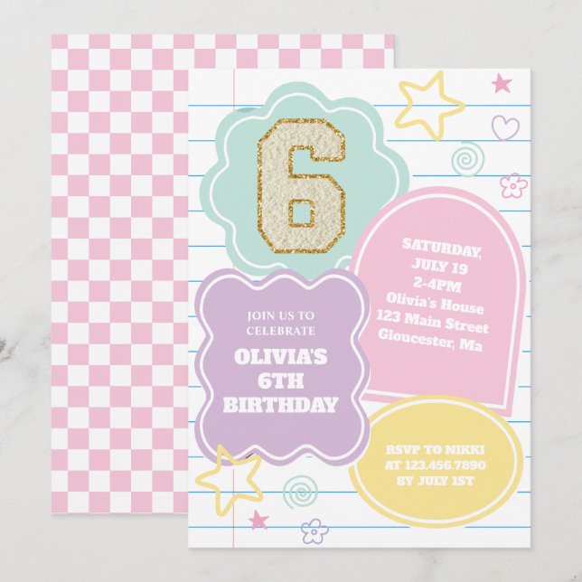 Convite Caderno de aniversário varsity preppy pastel patch (Frente/Verso)