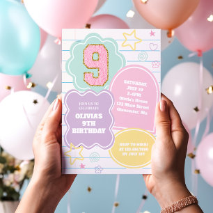 Convite Caderno de varsity preppy pastel patch aniversário