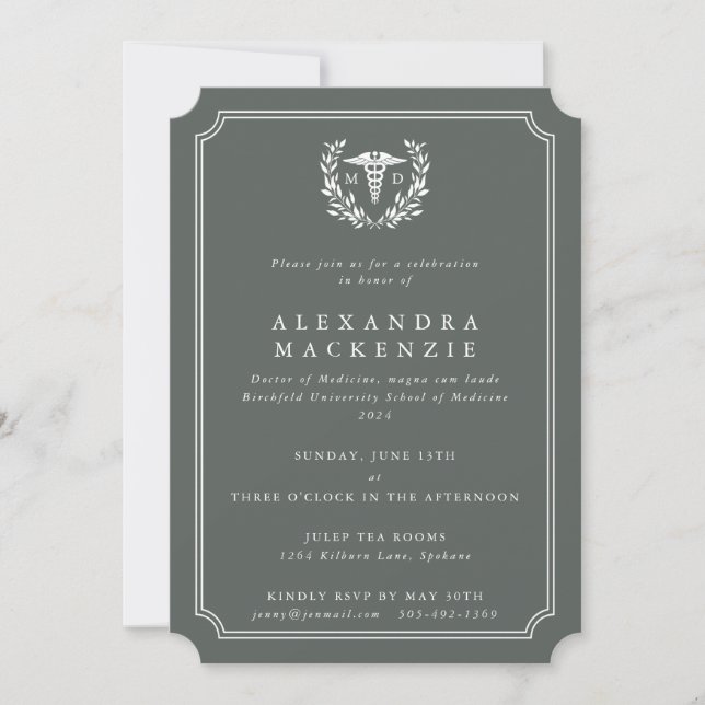 Convite Caduceu de Formatura Cinza-Verde/Branco MD (Frente)