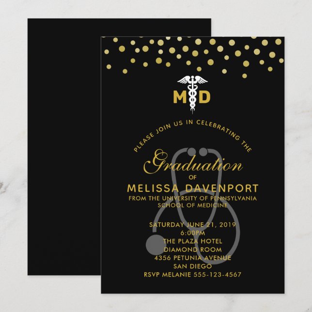 Convite Caduceu Elegante e Graduado de Médico com Estetosc (Frente/Verso)