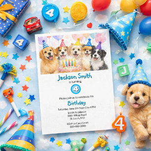 Convite Cães de Festa de Aniversário Aquarela Meninos