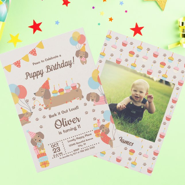 Convite Cães de Papoila Bonitos Dachshund Birthday Pawty (Criador carregado)