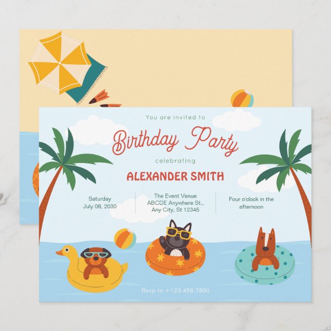 Convite Cães de verão no aniversário da praia (Frente/Verso)