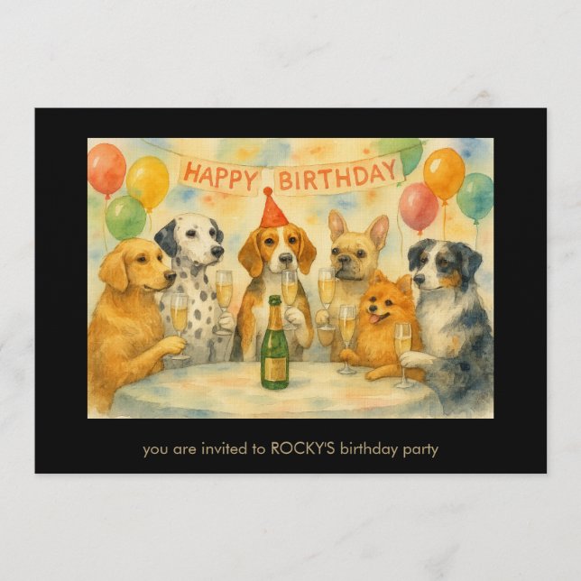 Convite Cães engraçados bebendo champanhe festa de anivers (Frente)