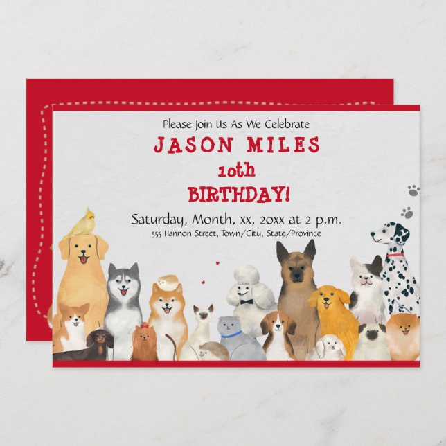 Convite Cães-Festa de aniversário-de-Criança (Frente/Verso)