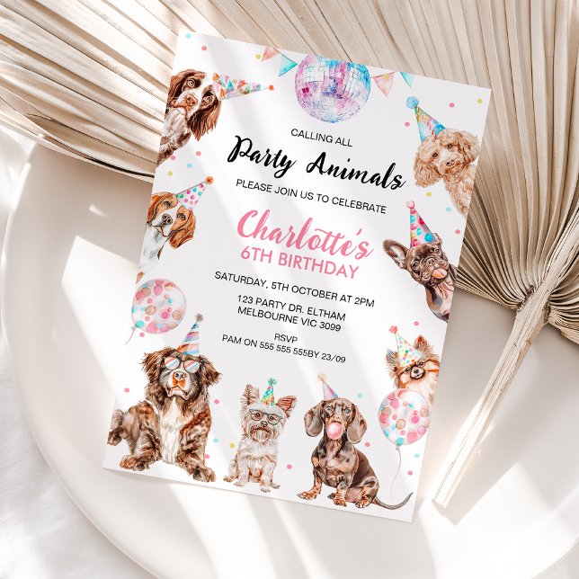 Convite Cães Fluorescentes de Campanha (Girls Dogs Themed Birthday Invitation Template, Editable Party Animals Birthday Invitation, Hats)
