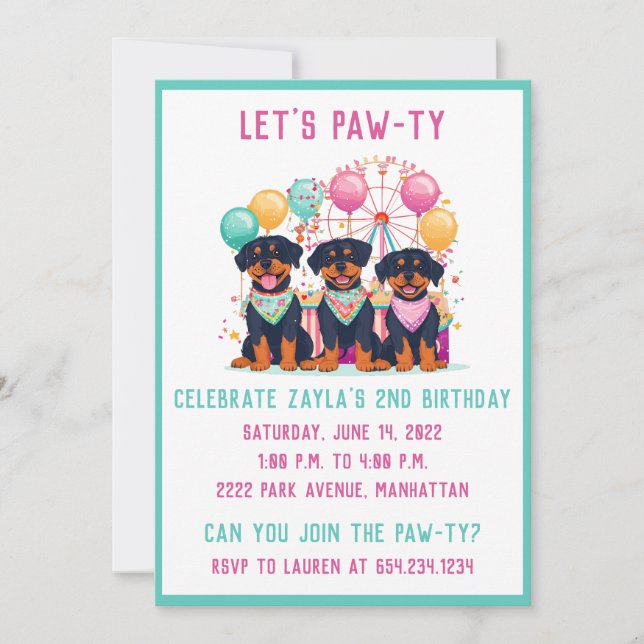 Convite Cães Rottweiler De Aniversário Num Carnaval (Frente)