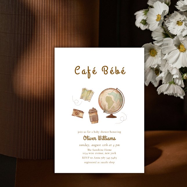 Convite Café Bébé Aventura Globo Café Chá de Bebê (Café Bébé Adventure Globe Coffee Baby shower Invitation)