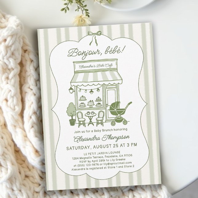 Convite Café Brunch Chá de Bebê Bonjour Bebe (baby shower brunch invitation coffee theme brewing olive green bistro hand drawn paris bistro)