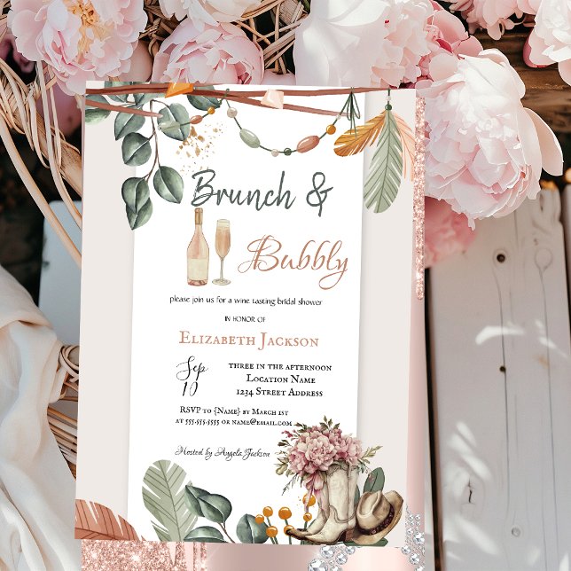 Convite Café da manhã Boho Ocidental com Champagne para Ch (Criador carregado)