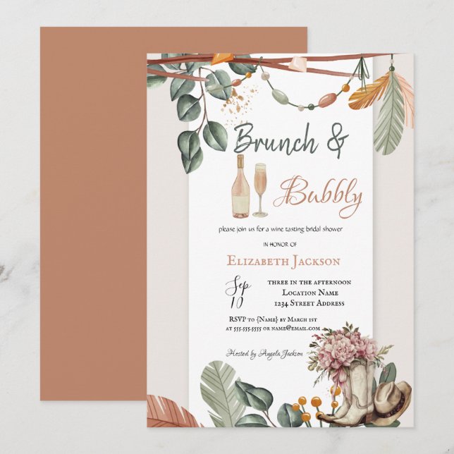 Convite Café da manhã Boho Ocidental com Champagne para Ch (Frente/Verso)