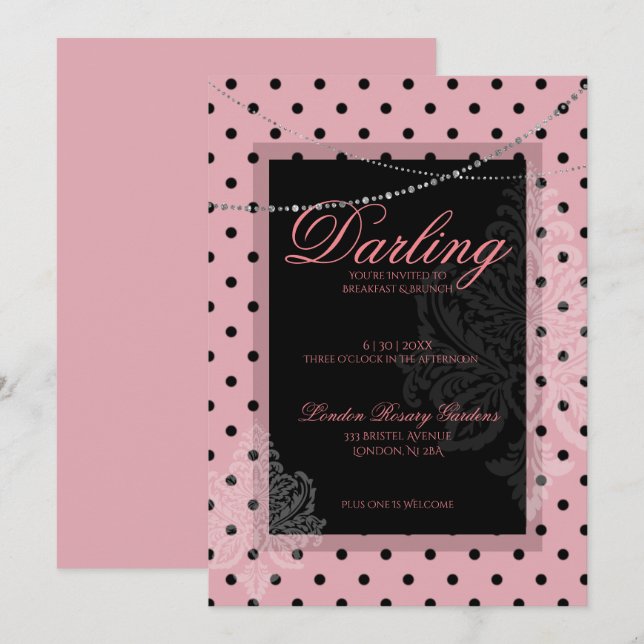 Convite Café da manhã com bolinhas pretas rosa (Frente/Verso)