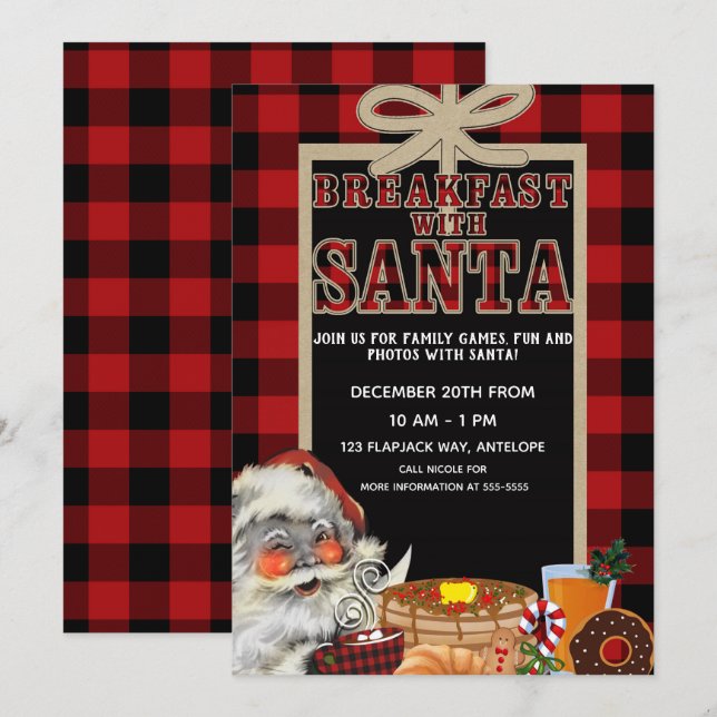 Convite Café da manhã com Papai Noel Brunch Xadrez Vermelh (Frente/Verso)