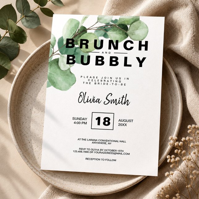 Convite Café da Manhã com Vegetação Rústica e Chuveiro de  (Brunch and Bubbly Bridal Shower Rustic Greenery Invitation, Eucalyptus Invitation)
